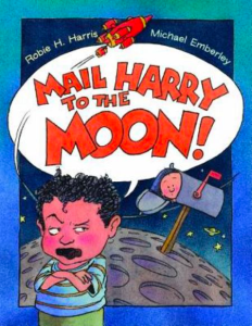 Book cover for "Mail Harry to the Moon!" by Robie Harris and Michael Emberley
