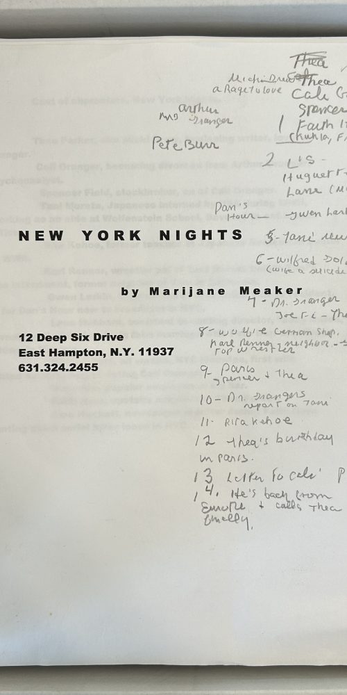 Front page of a typed page titled "New York Nights" by Marijane Meaker. Page is annotated with handwritten notes in pencil