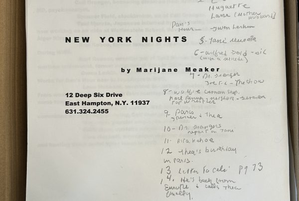 Front page of a typed page titled "New York Nights" by Marijane Meaker. Page is annotated with handwritten notes in pencil