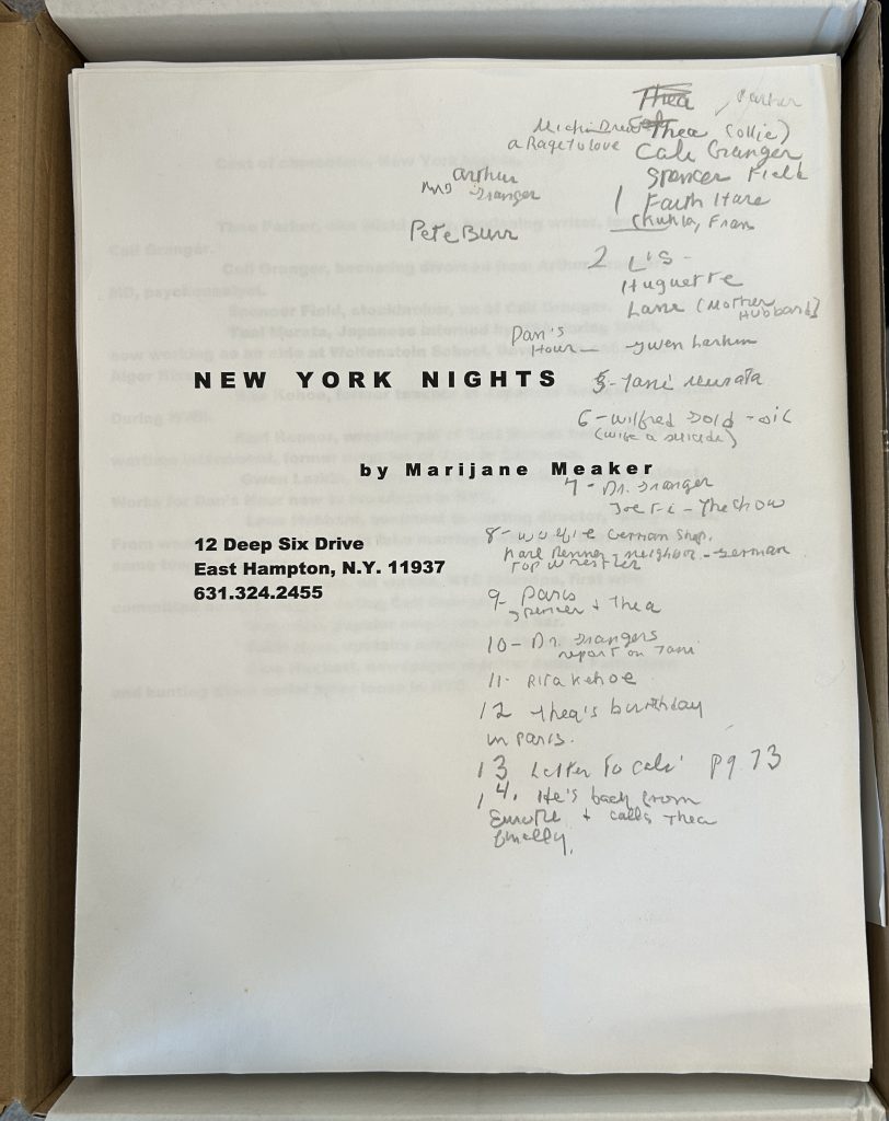 Front page of a typed page titled "New York Nights" by Marijane Meaker. Page is annotated with handwritten notes in pencil