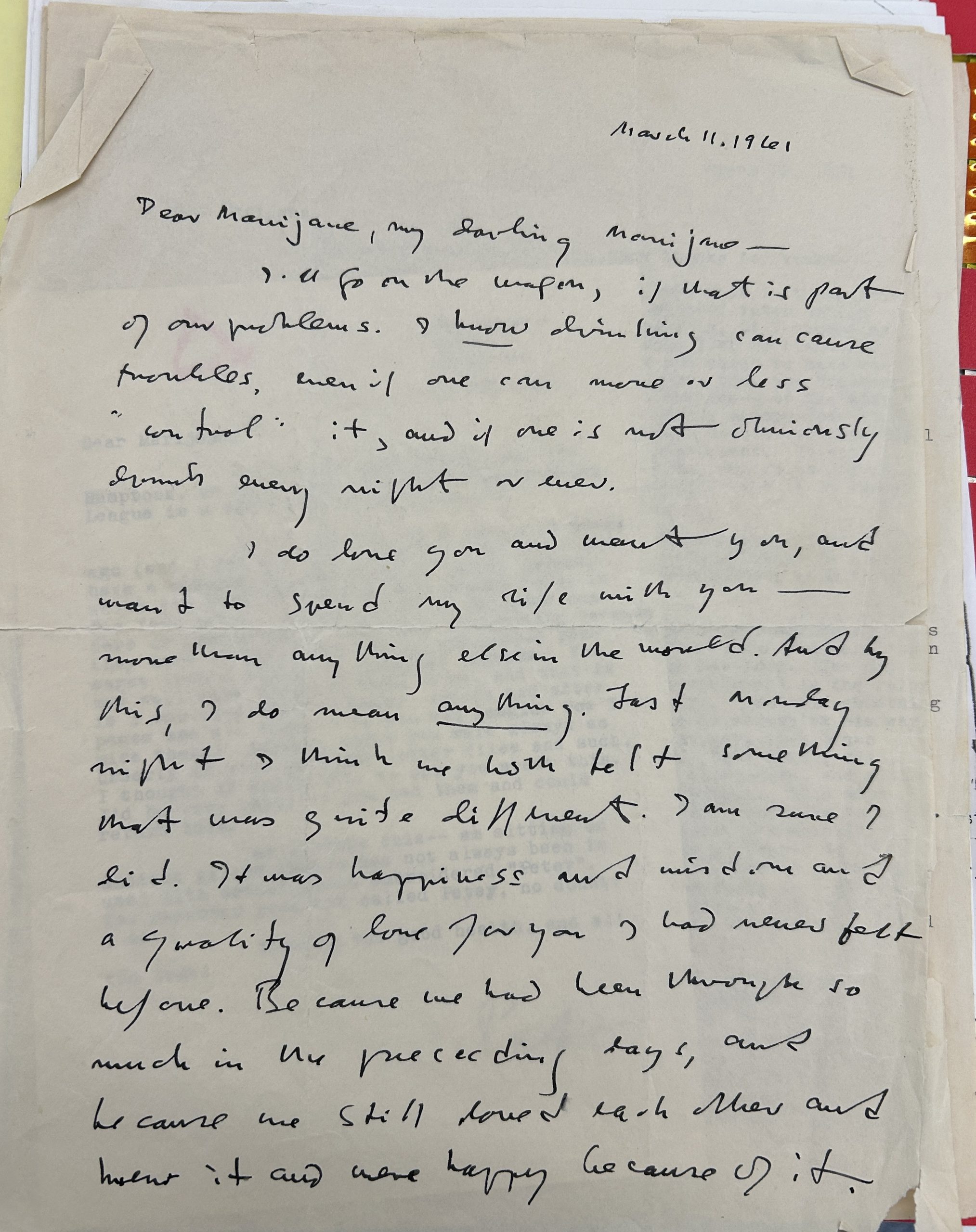 Archival letter from March 11, 1961 from author Patricia Highsmith to author Marijane Meaker. Handwriting is cursive and hard to decipher but the first line reads "Dear Marijane, my darling Marijane"