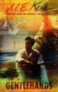 Book cover for Gentlehands by M.E. Kerr featuring a young man on the cover looking out into the distance while in the background layered over him is a man in military uniform