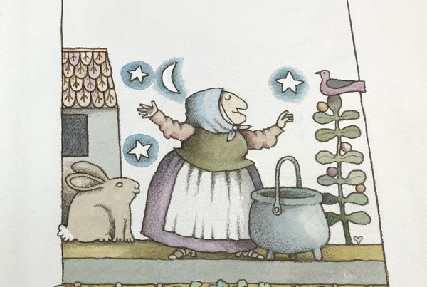 Illustration from the children's book Strega Nona, written and illustrated by Tomie dePaola. A grandmotherly figure wearing a dress and apron stands in front of a big pot and is flanked by a bunny rabbit and a bird