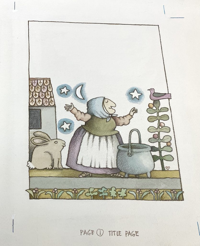 Illustration from the children's book Strega Nona, written and illustrated by Tomie dePaola. A grandmotherly figure wearing a dress and apron stands in front of a big pot and is flanked by a bunny rabbit and a bird