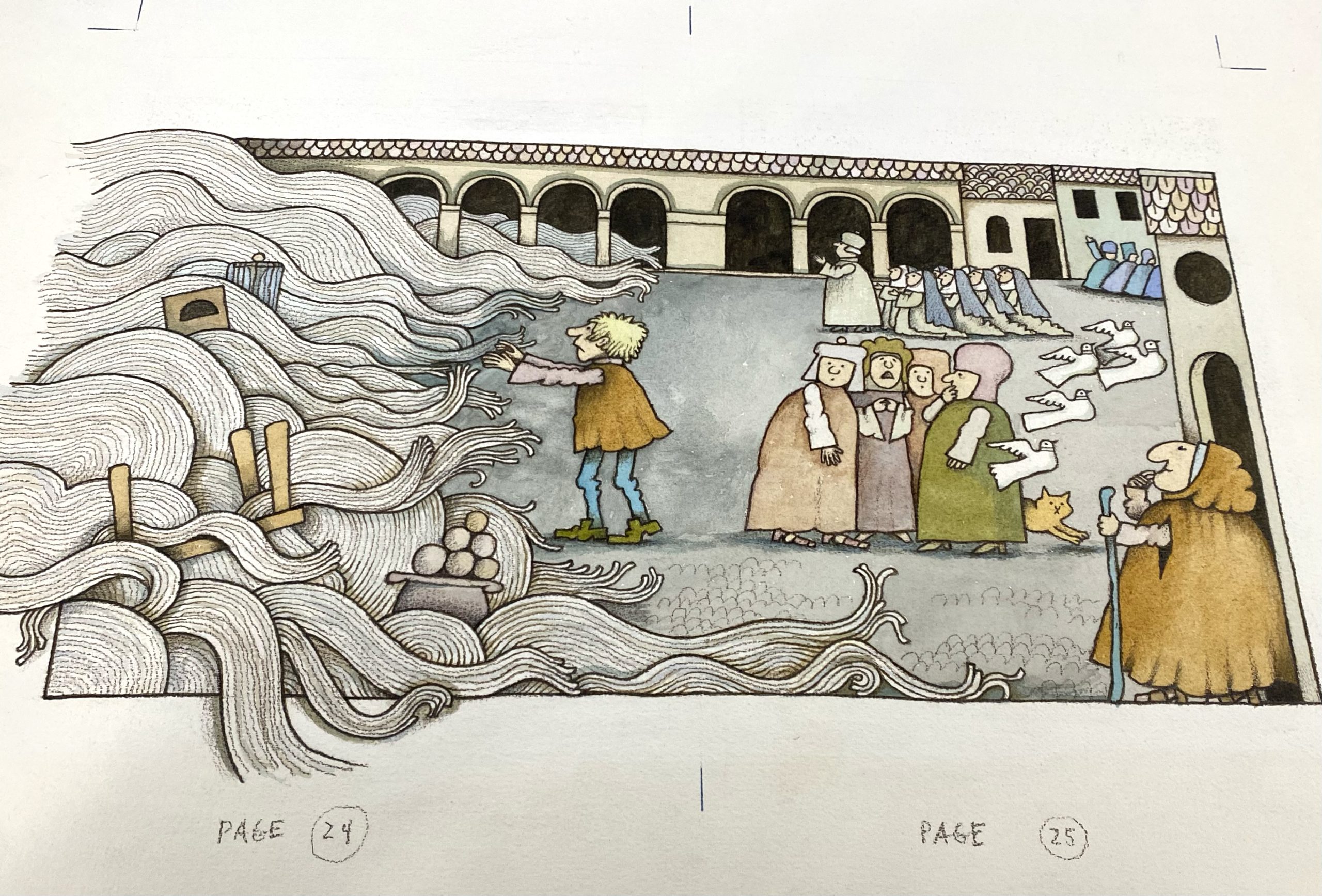 Illustration from the children's book Strega Nona, written and illustrated by Tomie dePaola. In a large courtyard several groups of people are clumped about; on the edge of the page, what appears to be waves of pasta are flooding in and threatening to overtake the people. Birds are flying away and one man is holding his arms out to the pasta as if to ward it away