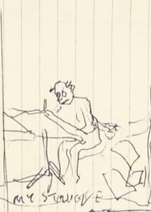 Rough line drawing of a man sitting at a desk and illustrating