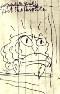 Rough line drawing of an anthropomorphized garbage truck looking angry