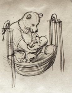 Scan of a pencil illustration of a bigger bear tucking a baby bear into a cradle