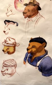 Series of watercolor illustrations of a bear wearing different types of hats