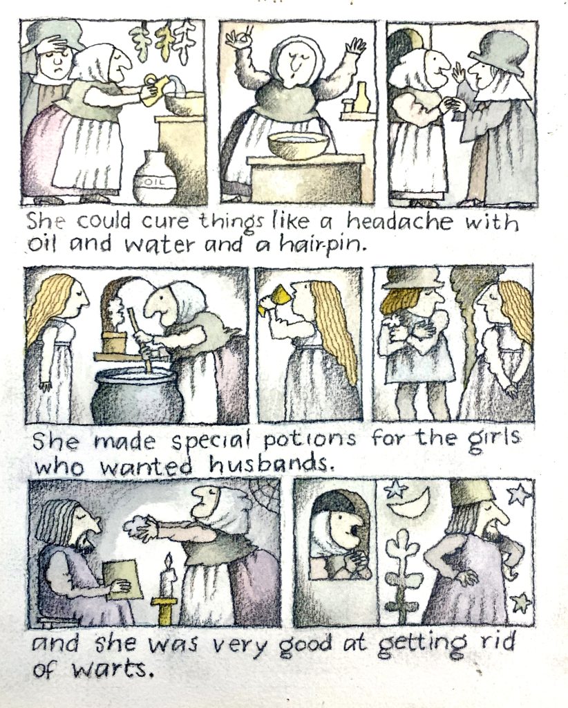 Illustration from the children's book Strega Nona, written and illustrated by Tomie dePaola. Text reads: "She could cure things like a headache with oil and water and a hairpin. She made special potions for the girls who wanted husbands. And she was very good at getting rid of warts."