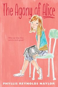 Book cover for "The Agony of Alice" by Phyllis Reynolds Naylor with illustration of a girl sitting on a chair with a composition notebook open across her lap